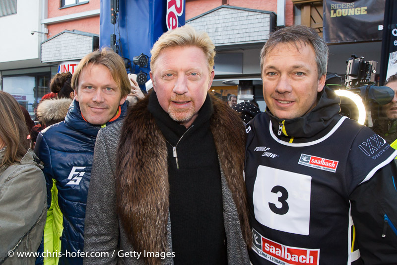 SAALBACH-HINTERGLEMM, AUSTRIA - DECEMBER 05:   Andy Wernig, Boris Becker and Fritz Strobl during the third and final day of the Formula Snow 2015 ski opening on December 5, 2015 in Saalbach-Hinterglemm, Austria.  (Photo by Chris Hofer/Getty Images)